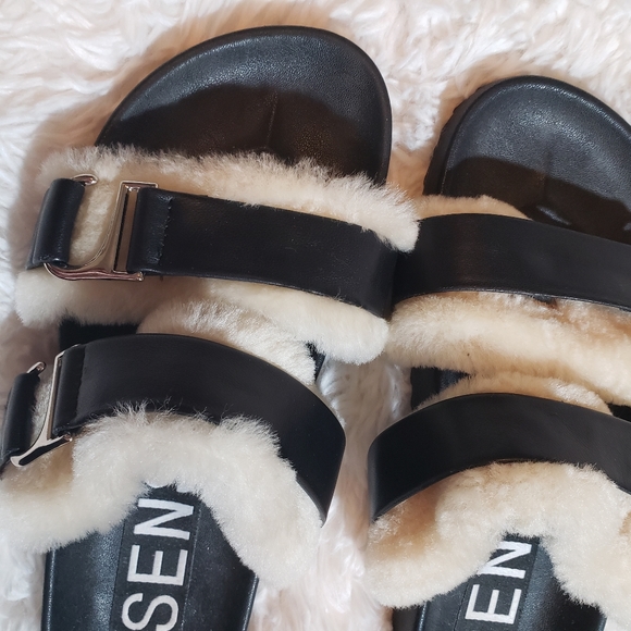 SENSO Dalley Shearling Trim Slides Shoes Sandals Fur Black Ivory Women Like New - Picture 8 of 11